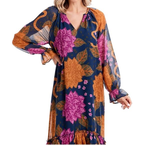 NWT Mud Pie Colleen Maxi Dress Navy Floral Ruffled Flowy Long Sleeve Size Medium - Picture 6 of 12
